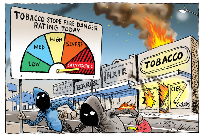 Tobacco store fire danger | Australian Political Cartoon