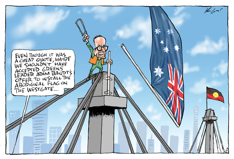 Installing Indigenous flag on the Westgate | Australian Political Cartoon